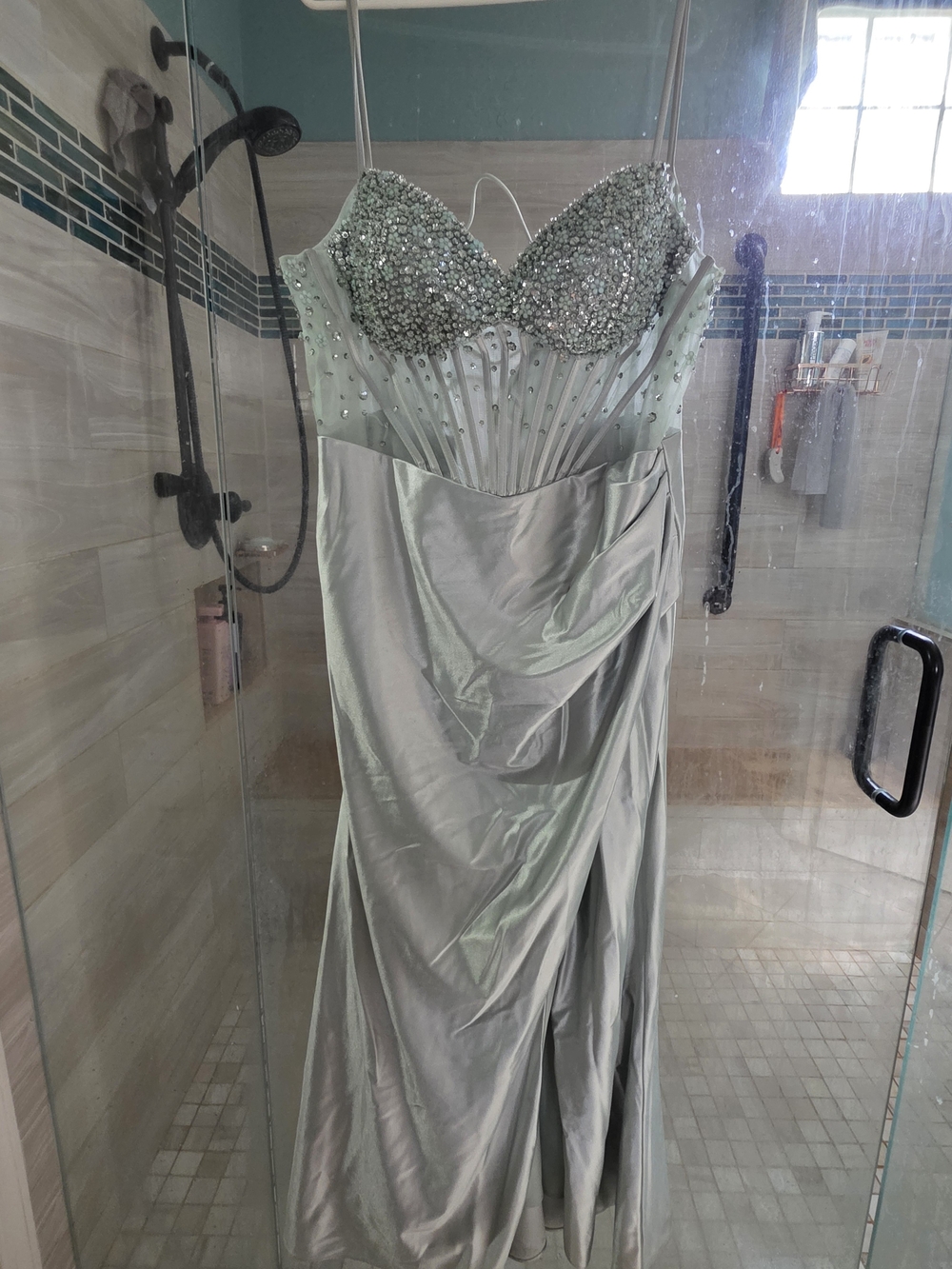 Azazie Beaded Strapless Gown in Sage green
